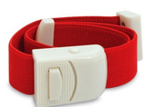 Red tourniquet with white quick-release buckle